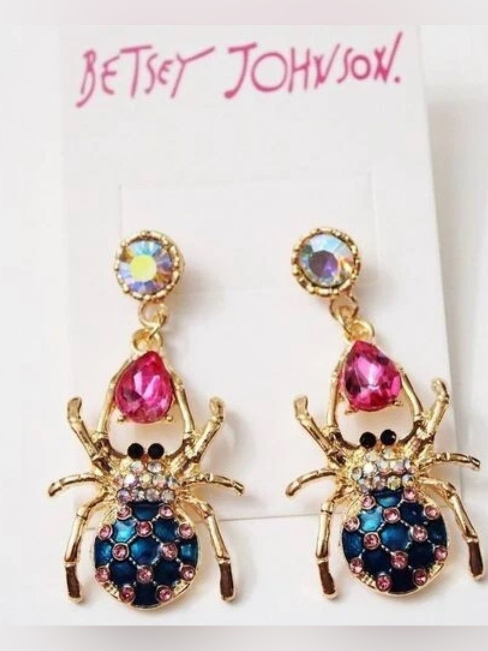 Betsey Johnson Gold Spider Drop Earrings with Pink & Blue Crystals
